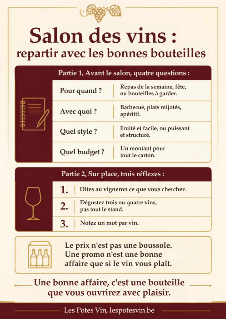Infographie Les Potes Vin, bien choisir ses vins dans un salon, choisir ses vins en salon