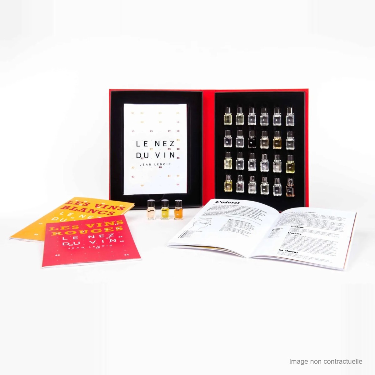 Contenu du coffret Le Nez du Vin Duo 24 arômes : 24 flacons, livrets Vins blancs et Vins rouges et guide