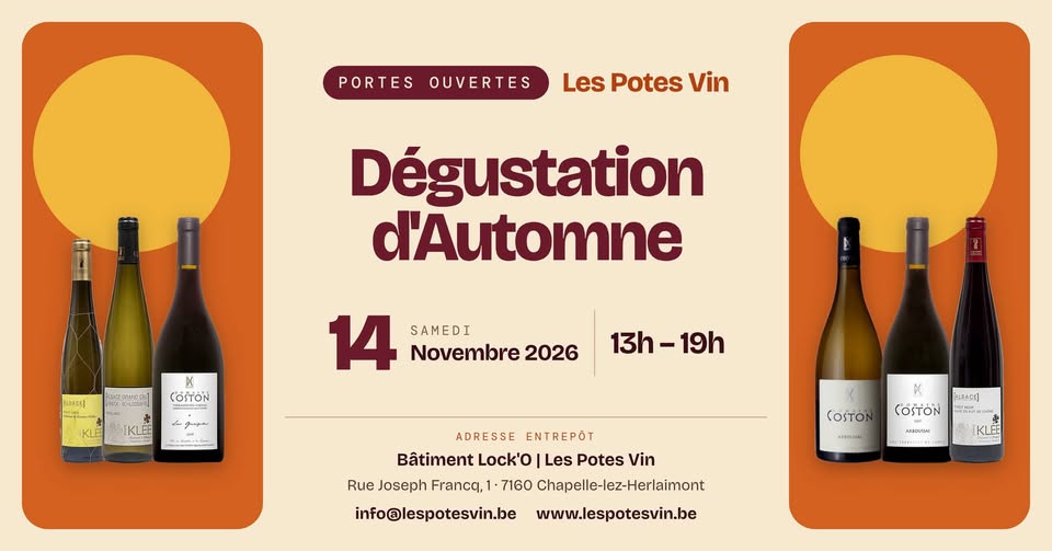 Affiche des portes ouvertes Dégustation d'Automne de Les Potes Vin, samedi 14 novembre 2026 de 13 h à 19 h, avec les vins des domaines Klee et Coston